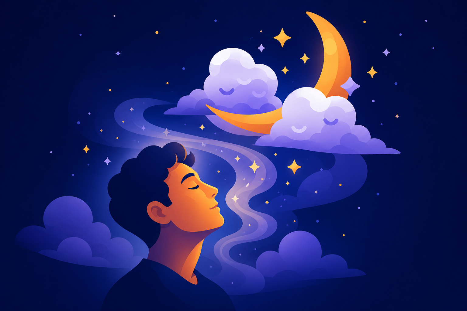 A dreamer looking up at a crescent moon as stardust drifts into smiling clouds